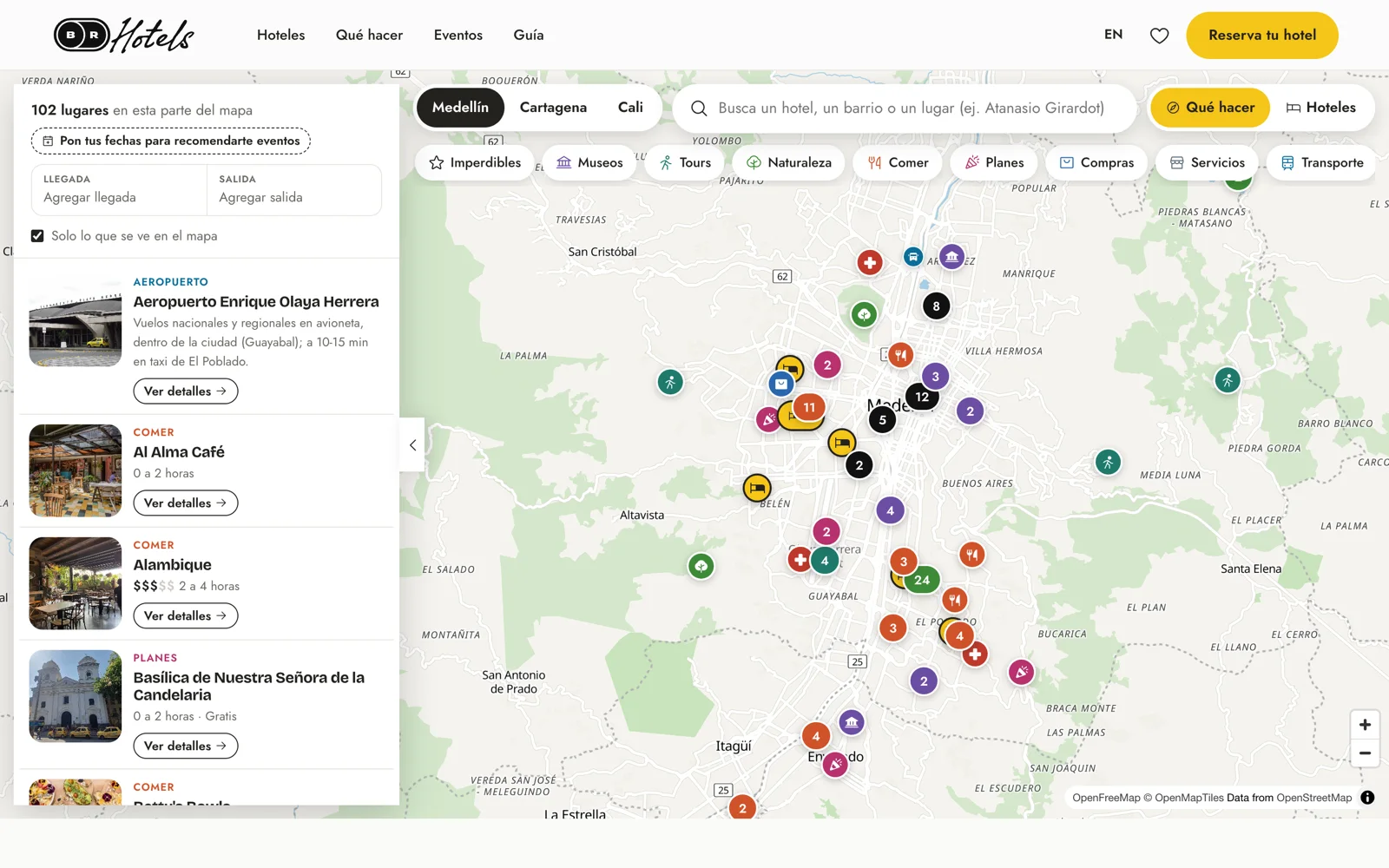 Mapa de lugares de Medellín con filtros en brhotels.com.co, aplicativo web hecho por Propaganda