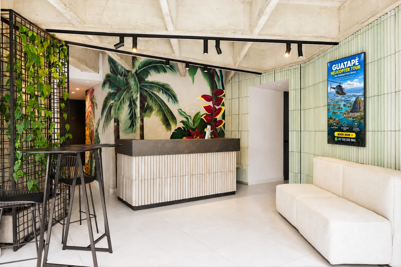 Pantalla publicitaria en el lobby de Firenze Lofts, Laureles
