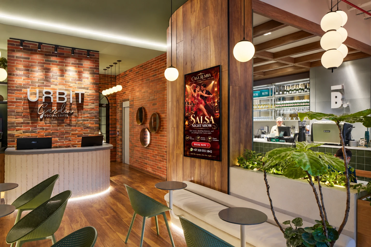 Pantalla publicitaria en el lobby de Urbit Garden, Laureles