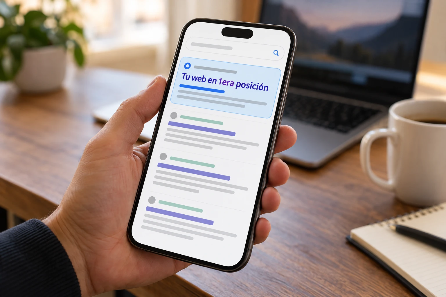 Celular con una web en la primera posición de los resultados de búsqueda