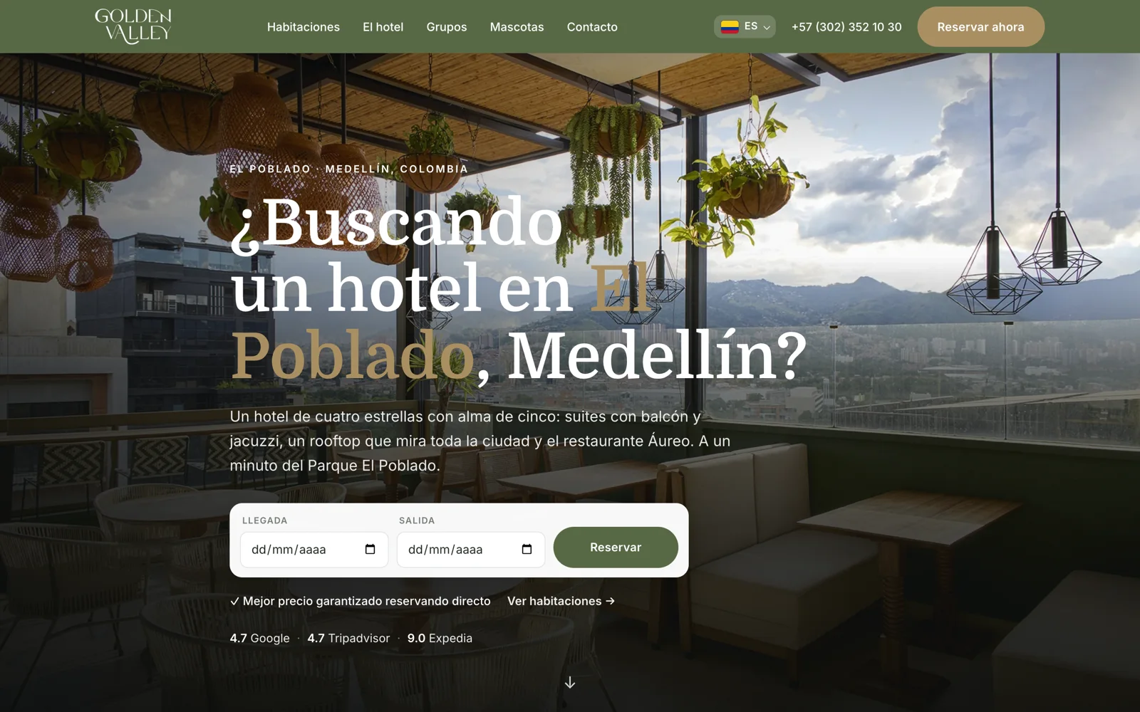 Página de inicio del sitio web de Golden Valley Hotel, hecho por Propaganda
