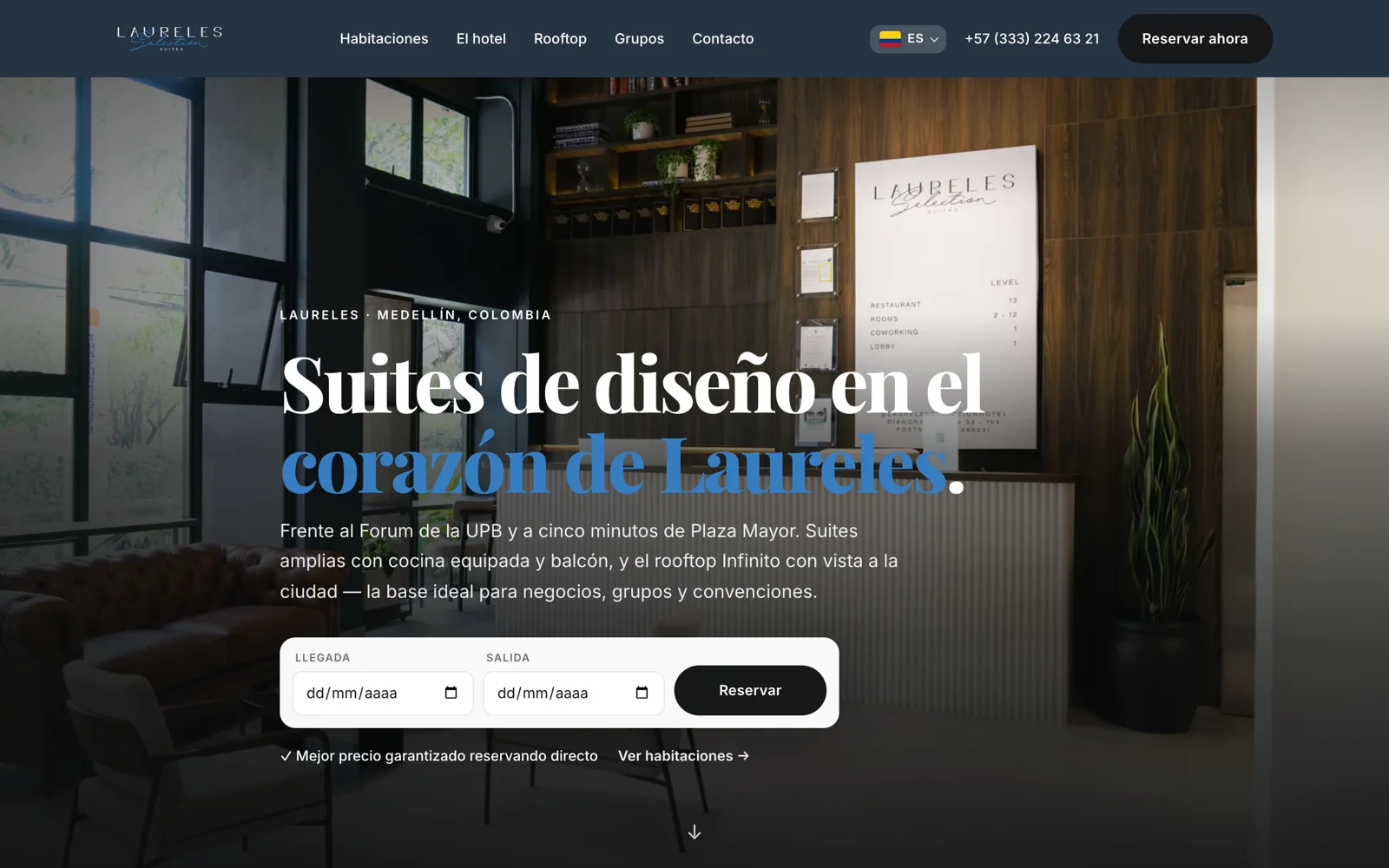 Página de inicio del sitio web de Laureles Selection Suites, hecho por Propaganda