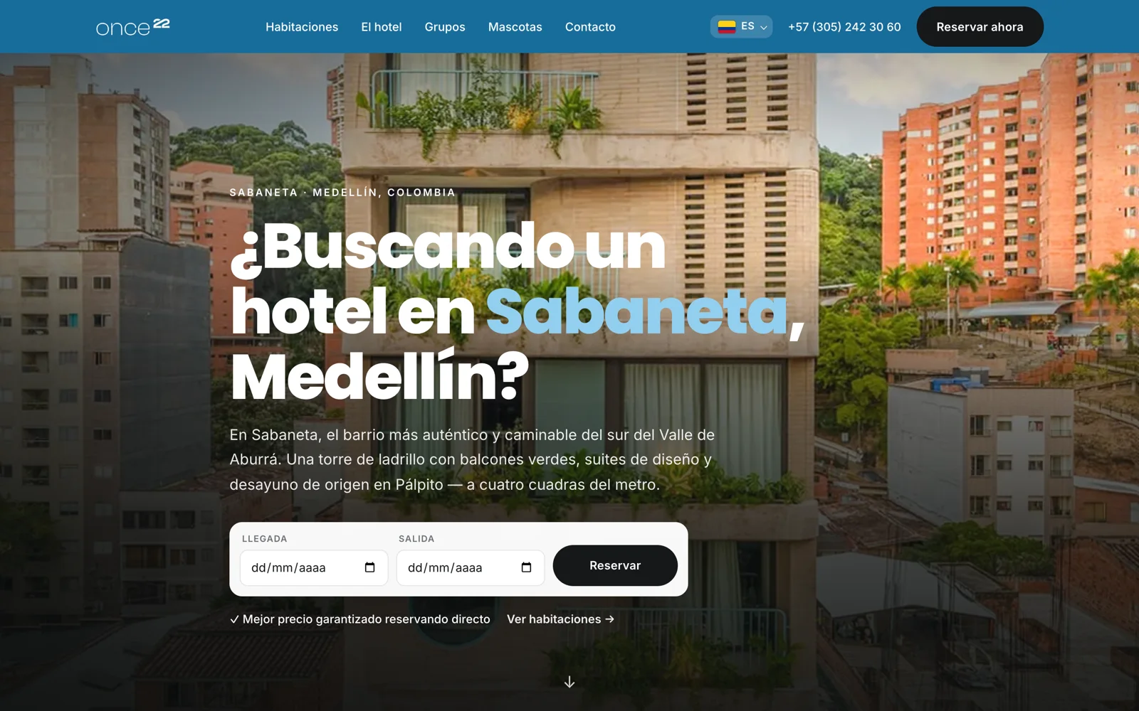 Página de inicio del sitio web de Hotel Once22, hecho por Propaganda
