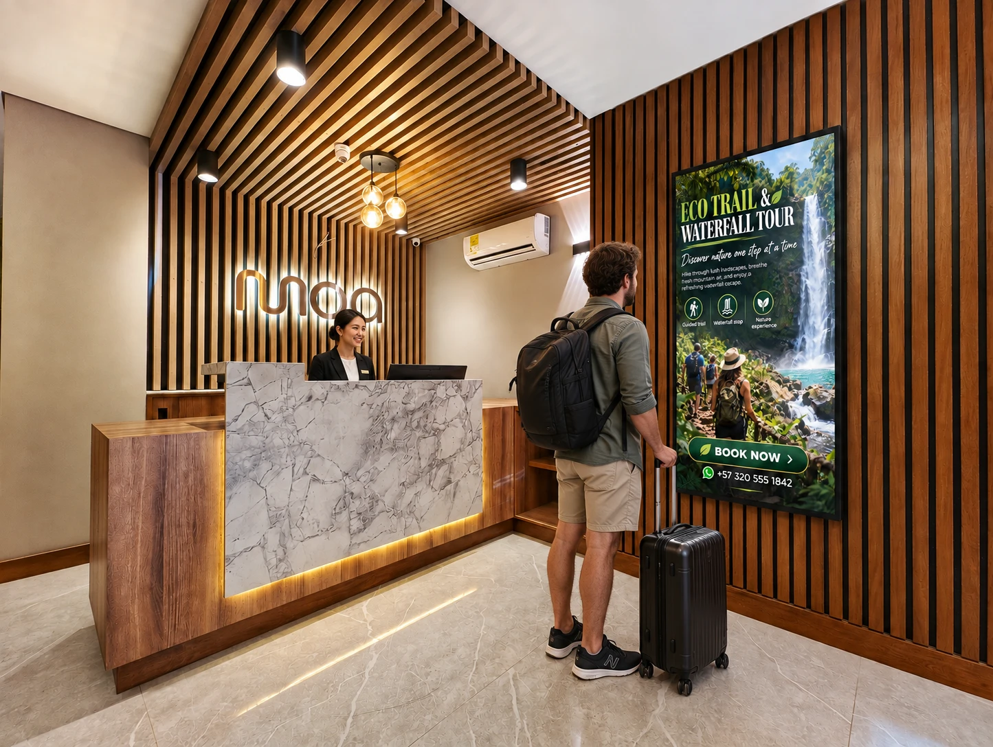 Turista con maleta mirando el anuncio de la pantalla en la recepción de Moa Select